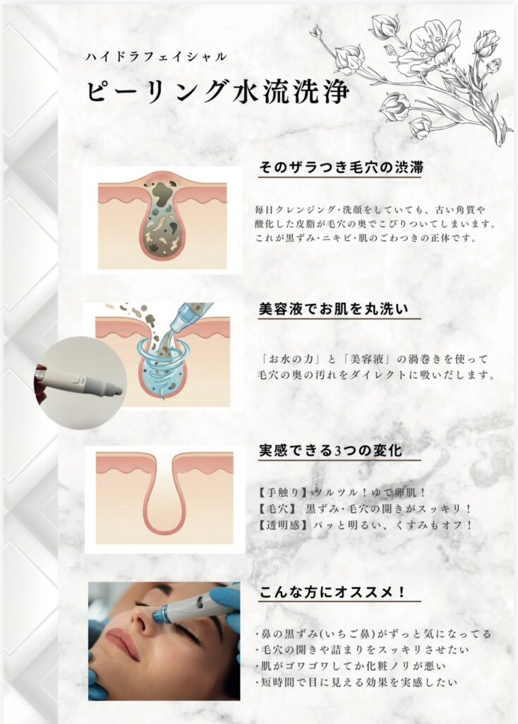 ハイドラフェイシャルのピーリング水流洗浄。毛穴の黒ずみを美容液で丸洗い。
